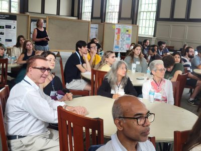 People sitting at round tables